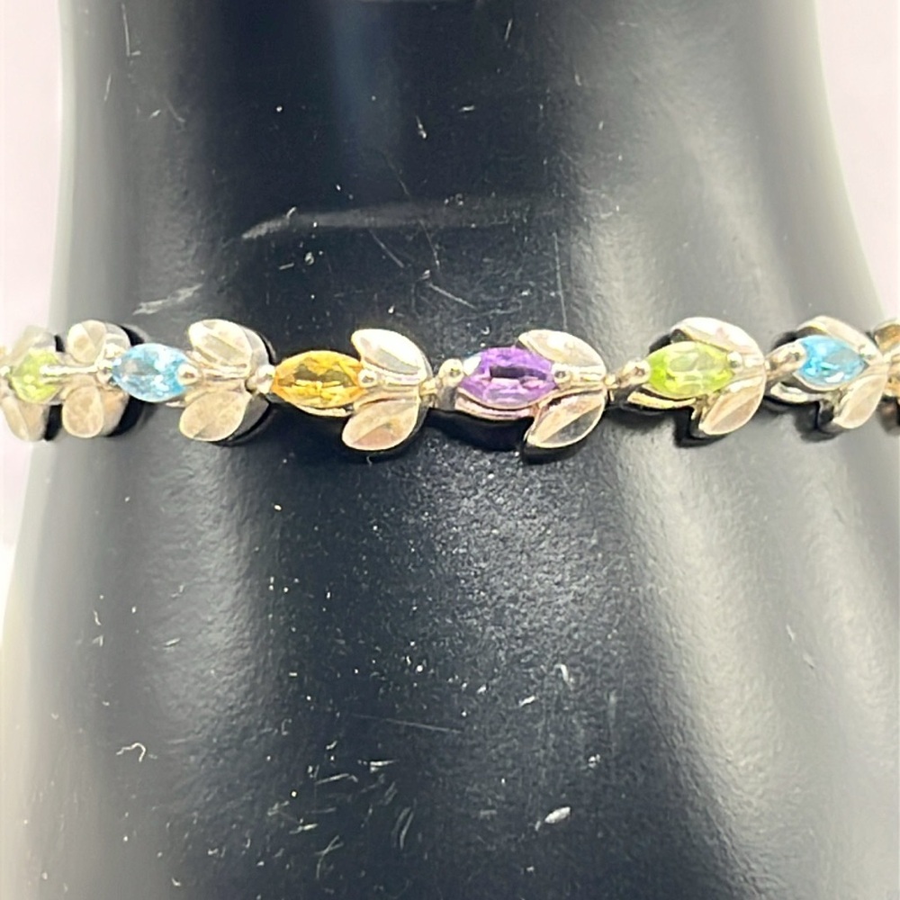 Sterling Silver flower motif tennis bracelet blue topaz, citrine and amethyst - Picture 2 of 12